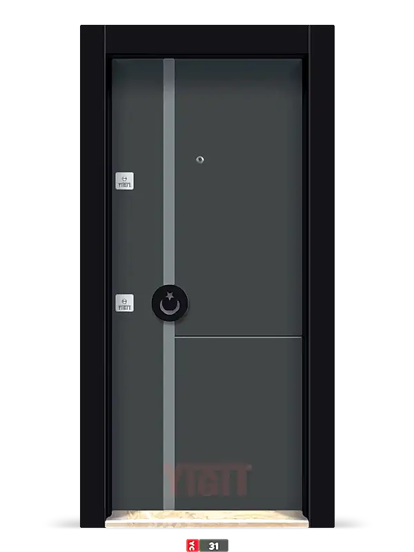 Koyu gri yüzeyli, dikey açık gri şeritli modern çelik kapı. Minimalist tasarım ve güvenlik özelliklerini birleştirir.