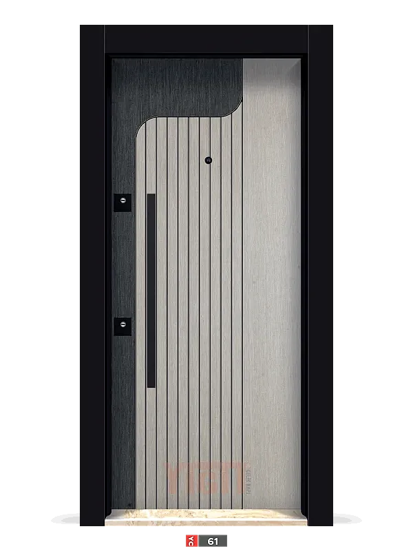 Dikey oluklu gri ve siyah detaylı modern apartman giriş kapısı YC-61