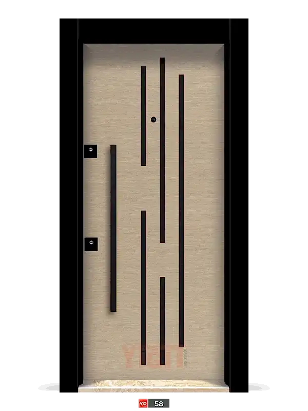 Siyah şeritli ve dikey aksesuarlı açık meşe rengi modern çelik kapı YC-58