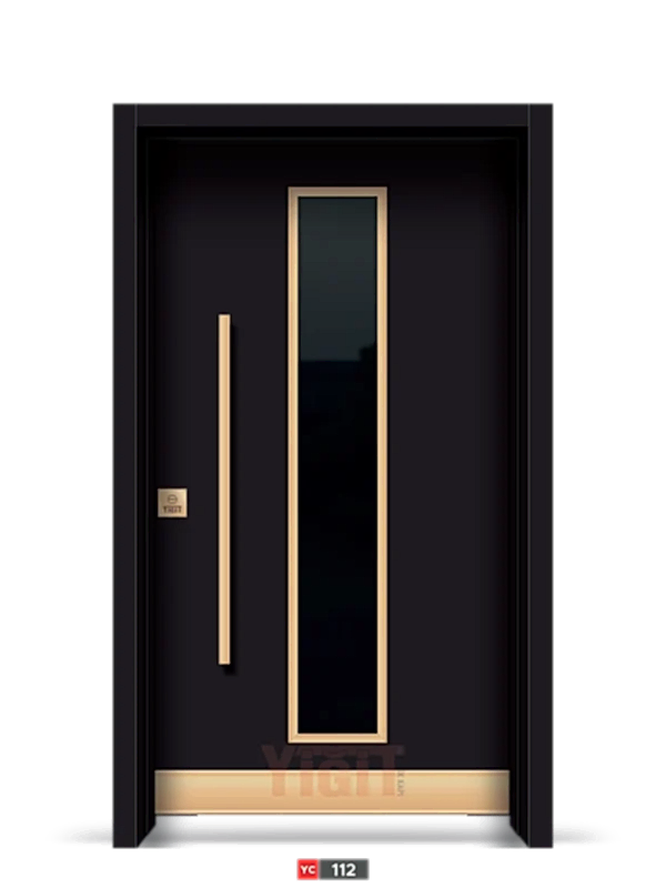 YİĞİT ÇELİK KAPI YC 112 kompozit panel, siyah yüzey ve altın aksanlı insert