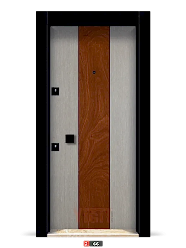 Gri ve ahşap üç parçalı dikey tasarımlı çelik daire kapısı YC-66